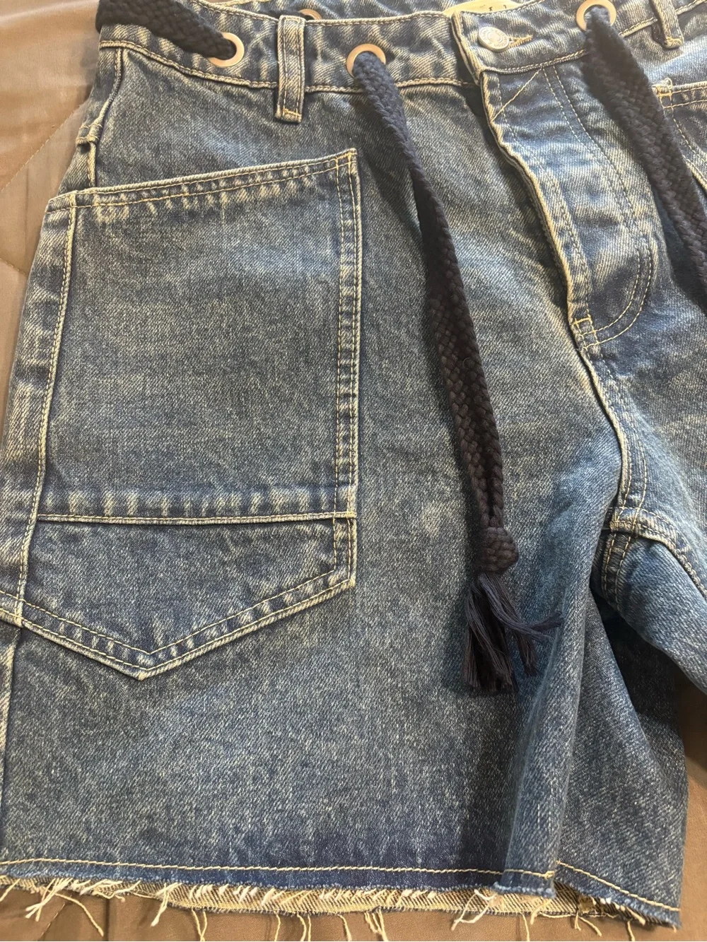 Aaron& Amber High-Waist Women’s Blue Baggy Cargo Denim Jean Shorts with Rope Tie